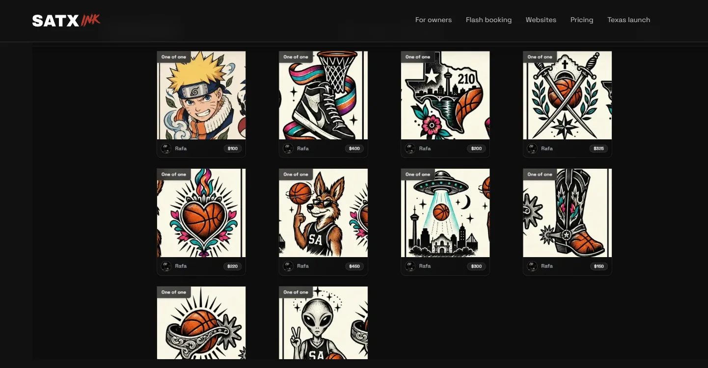 SATX INK flash gallery showing tattoo designs with artist names and prices